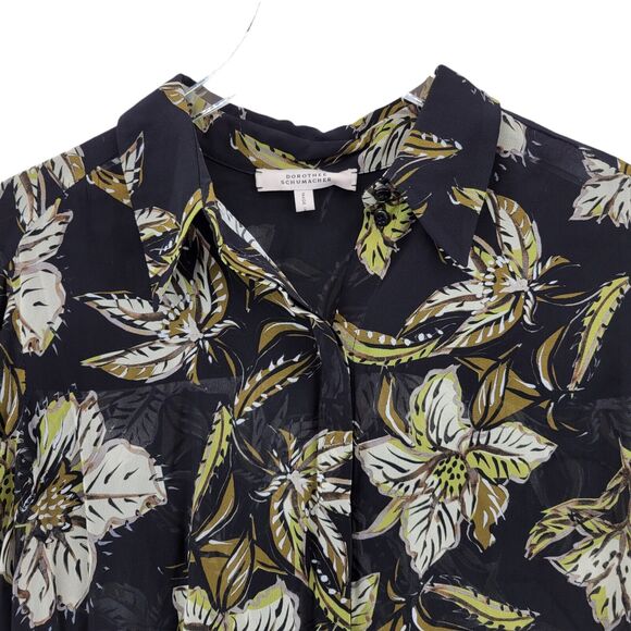 Dorothee Schumacher Black Floral Blouse Size Large (4) Viscose Fringed Back - Picture 2 of 13